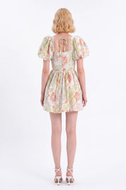 Paisley Print Viscose-Nylon Blend Puff-Sleeve Dress — Model White Background View 5