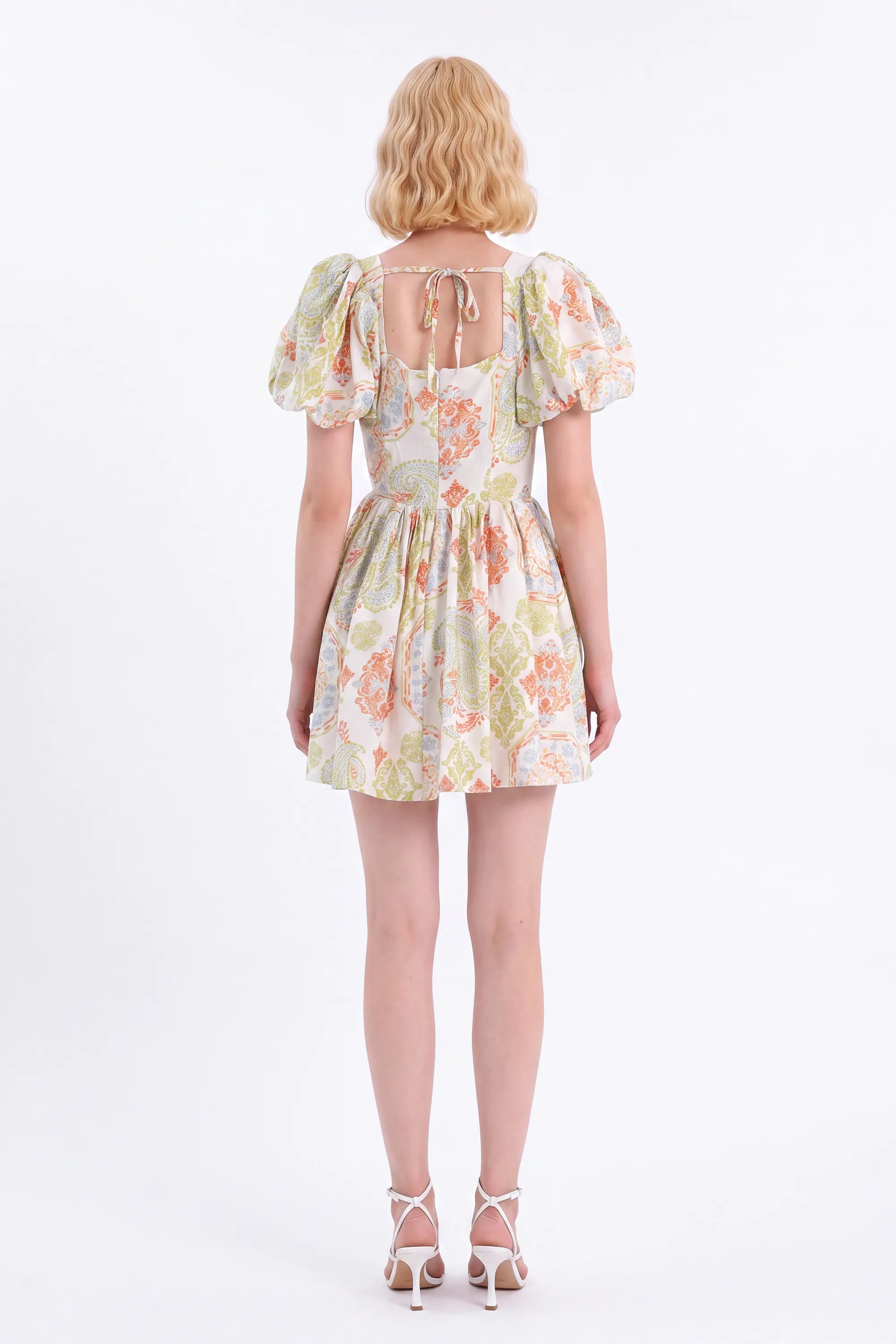 Paisley Print Viscose-Nylon Blend Puff-Sleeve Dress — Model White Background View 5