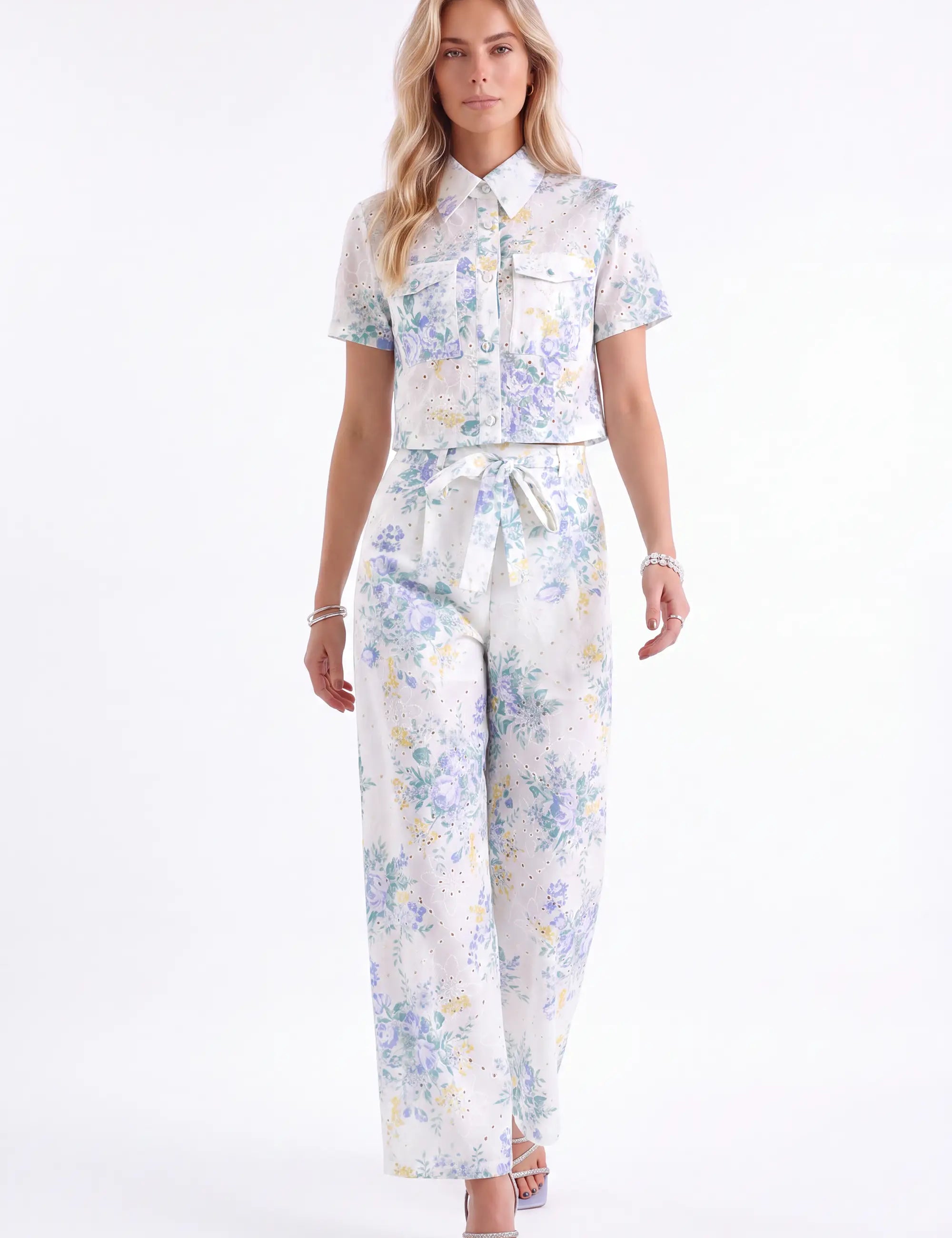 Pastel Floral Cotton Wide-Leg Pants — model front view 1