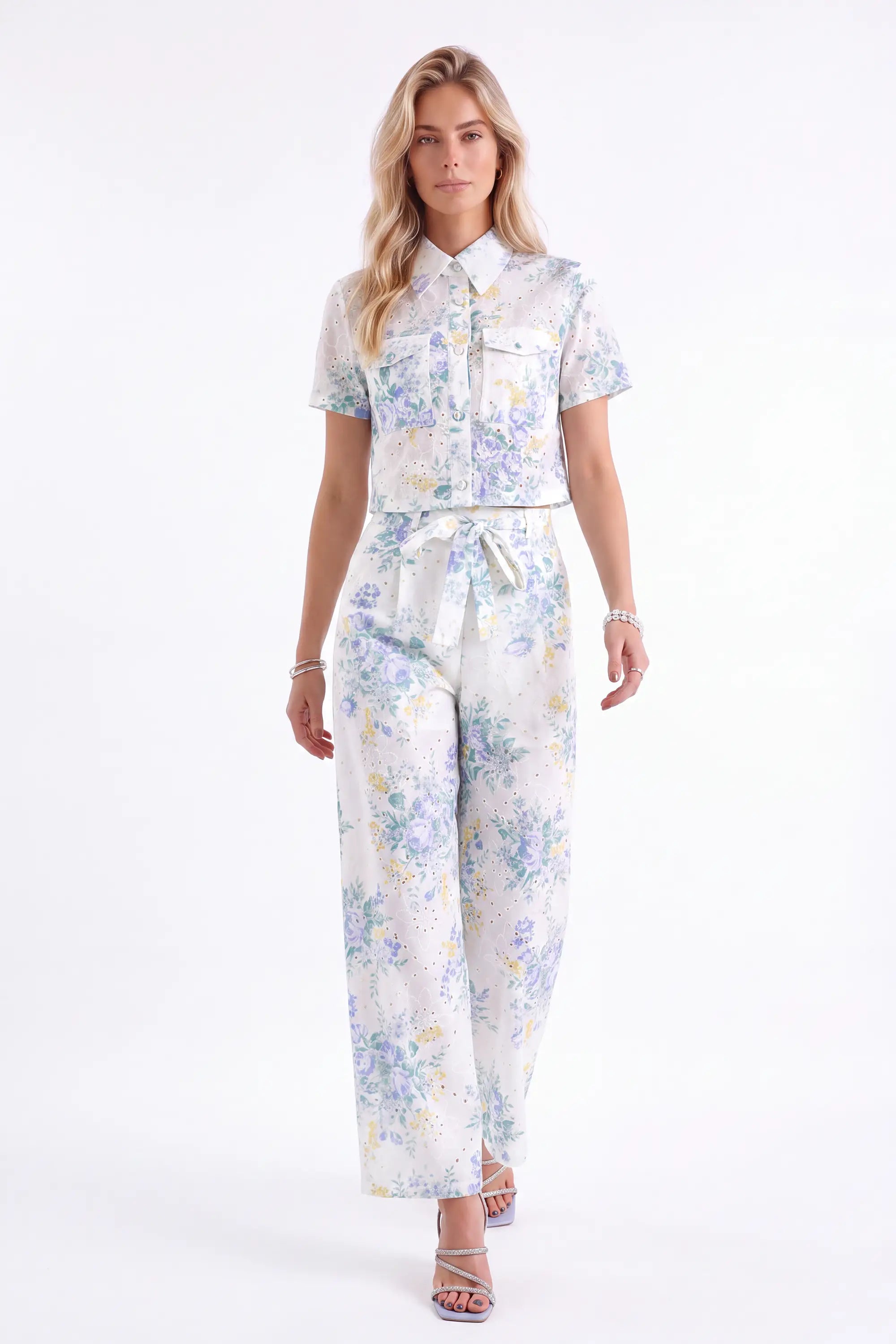 Pastel Floral Cotton Wide-Leg Pants — model front view 1