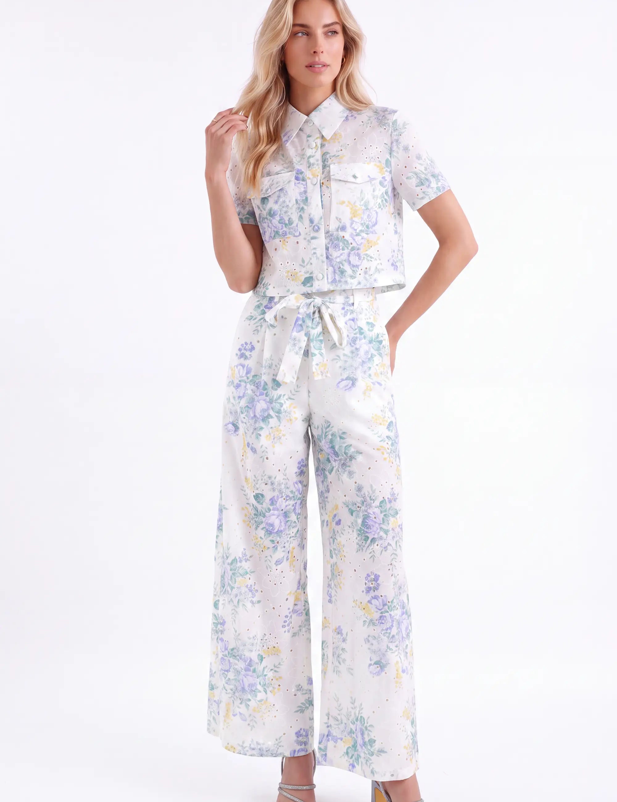 Pastel Floral Cotton Wide-Leg Pants — model front view 2