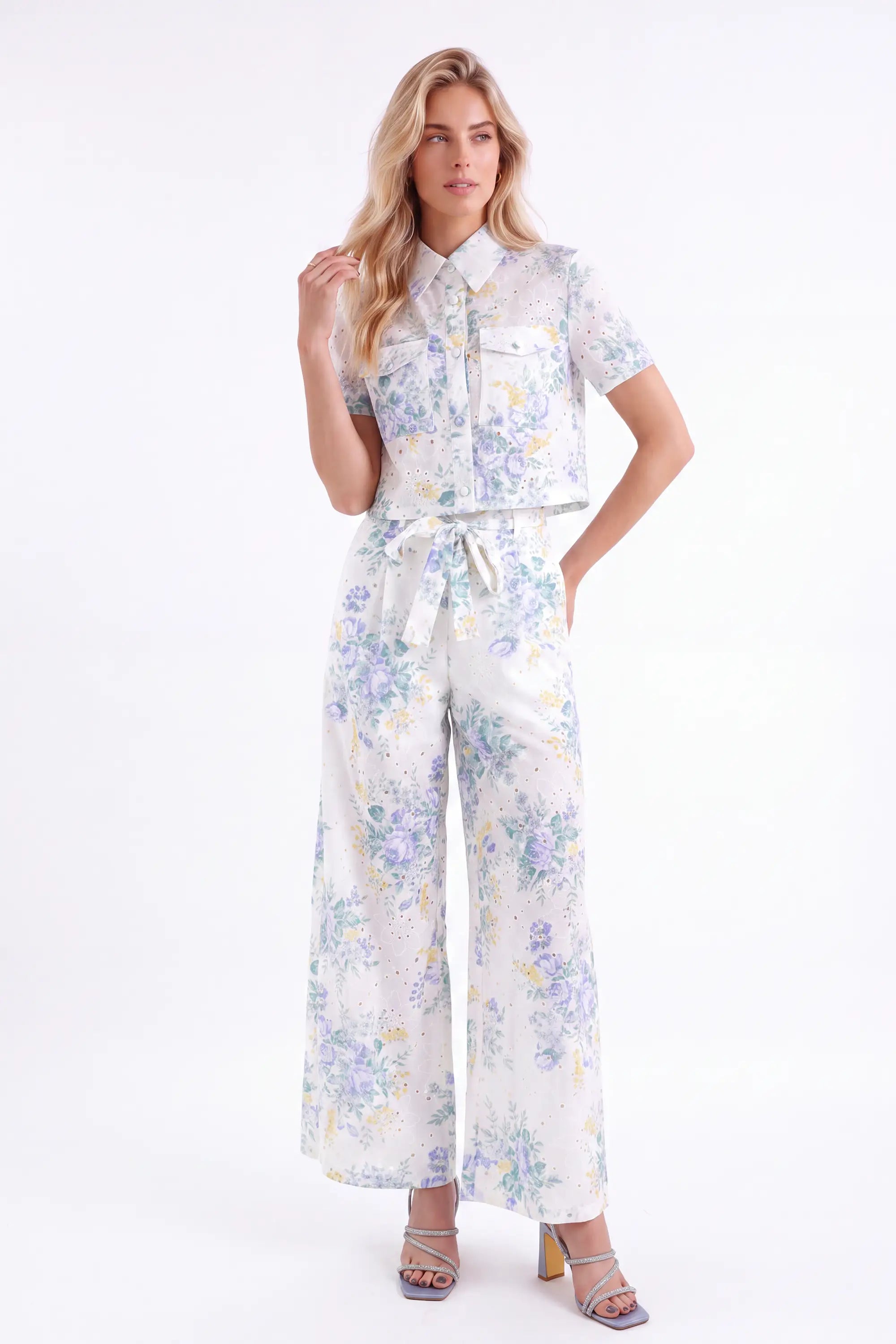 Pastel Floral Cotton Wide-Leg Pants — model front view 2