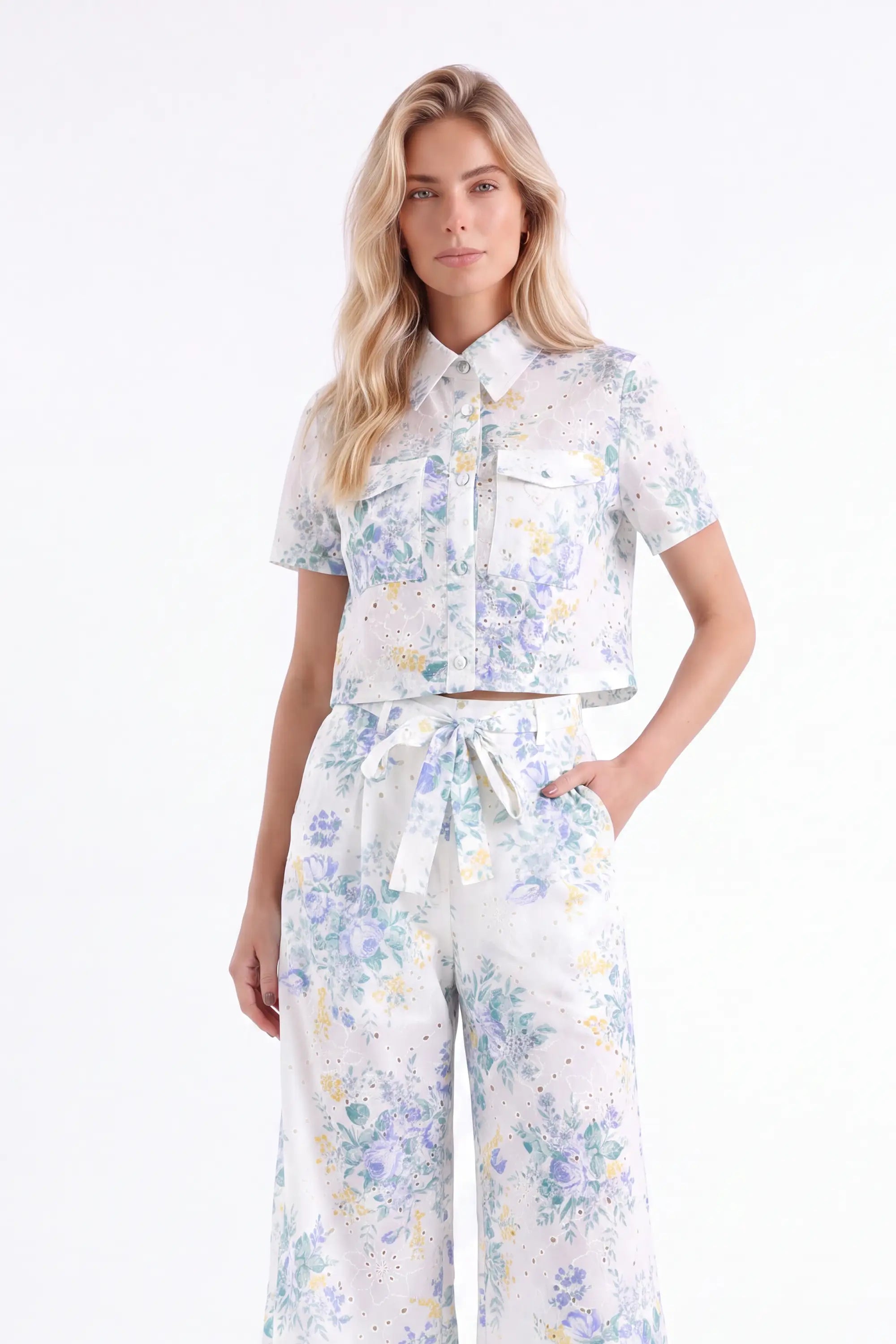 Pastel Floral Cotton Wide-Leg Pants — model front view 3