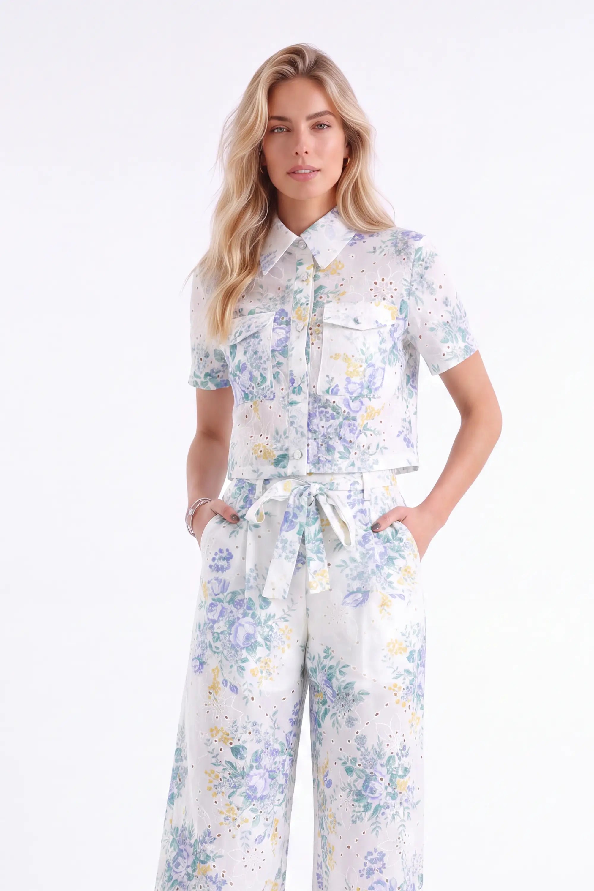 Pastel Floral Cotton Wide-Leg Pants — model front view 4
