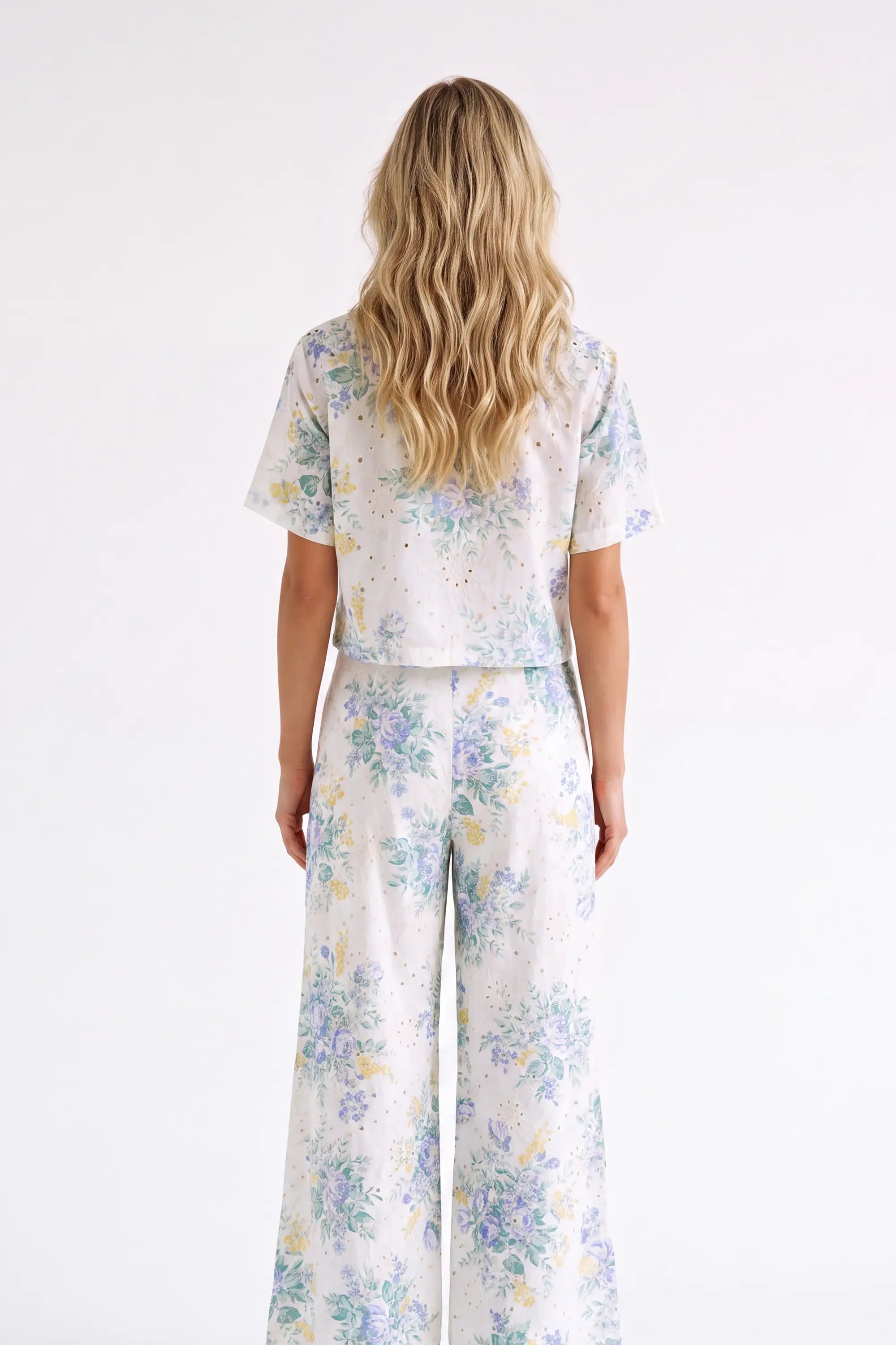 Pastel Floral Cotton Wide-Leg Pants — model front view 5