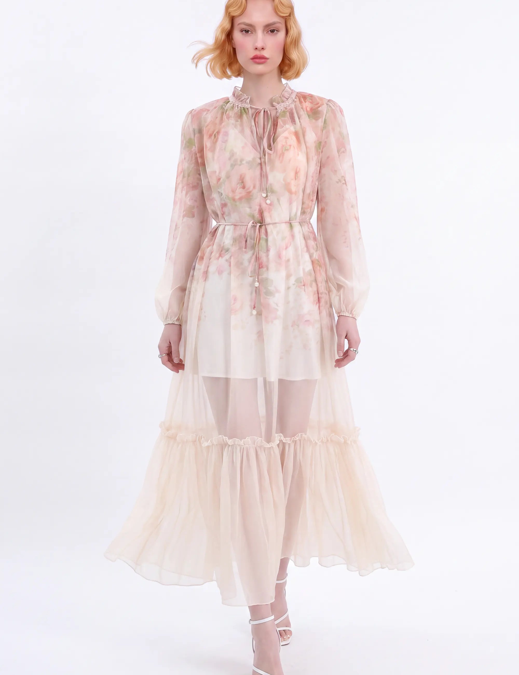Pastel Floral Print Sheer Maxi Dress with Tie Neck — Model White Background Front