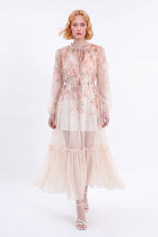 Pastel Floral Print Sheer Maxi Dress with Tie Neck — Model White Background Front