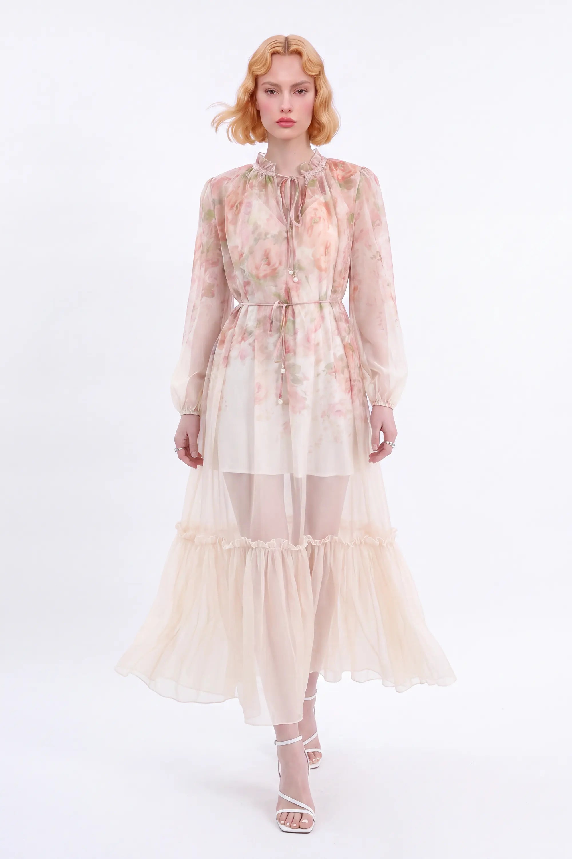 Pastel Floral Print Sheer Maxi Dress with Tie Neck — Model White Background Front