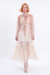 Pastel Floral Print Sheer Maxi Dress with Tie Neck