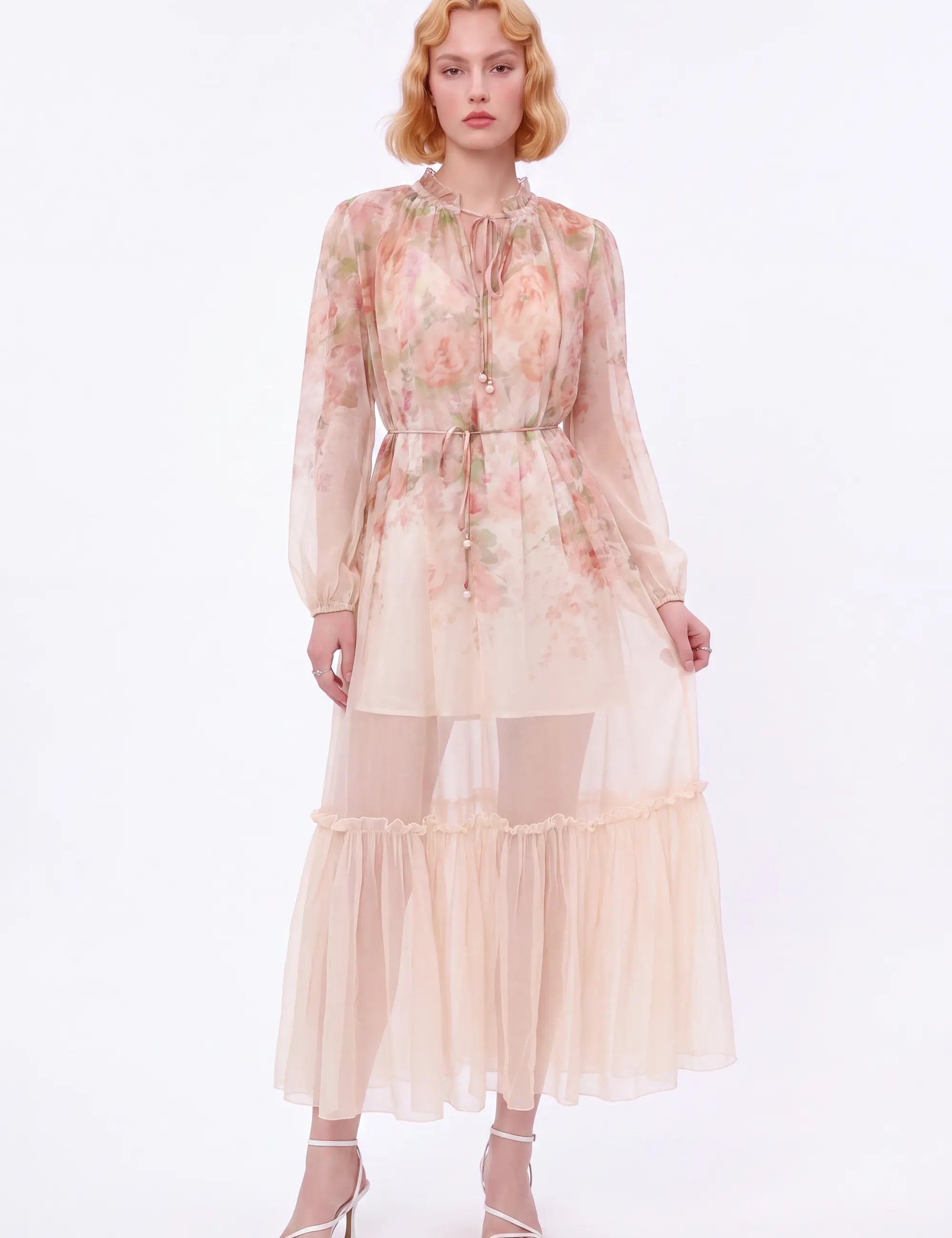 Pastel Floral Print Sheer Maxi Dress with Tie Neck — Model White Background View 2