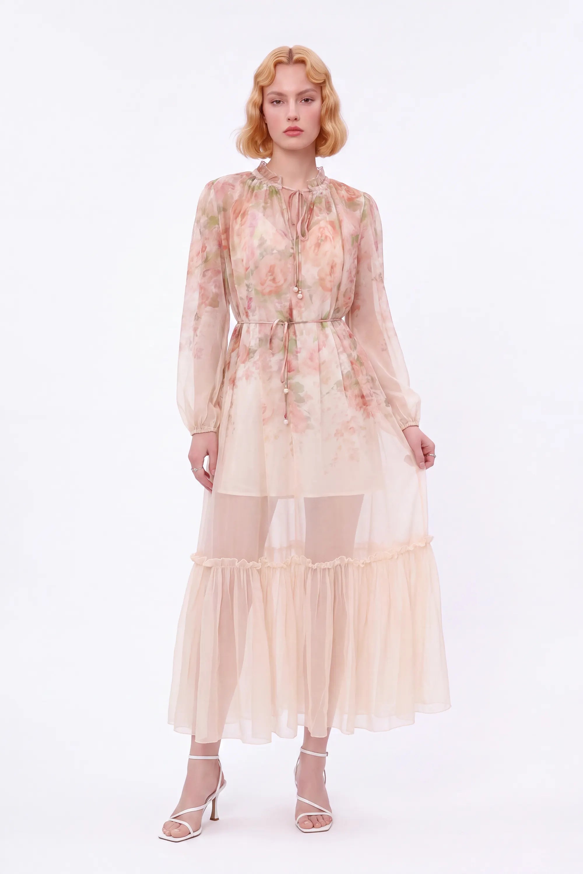 Pastel Floral Print Sheer Maxi Dress with Tie Neck — Model White Background View 2