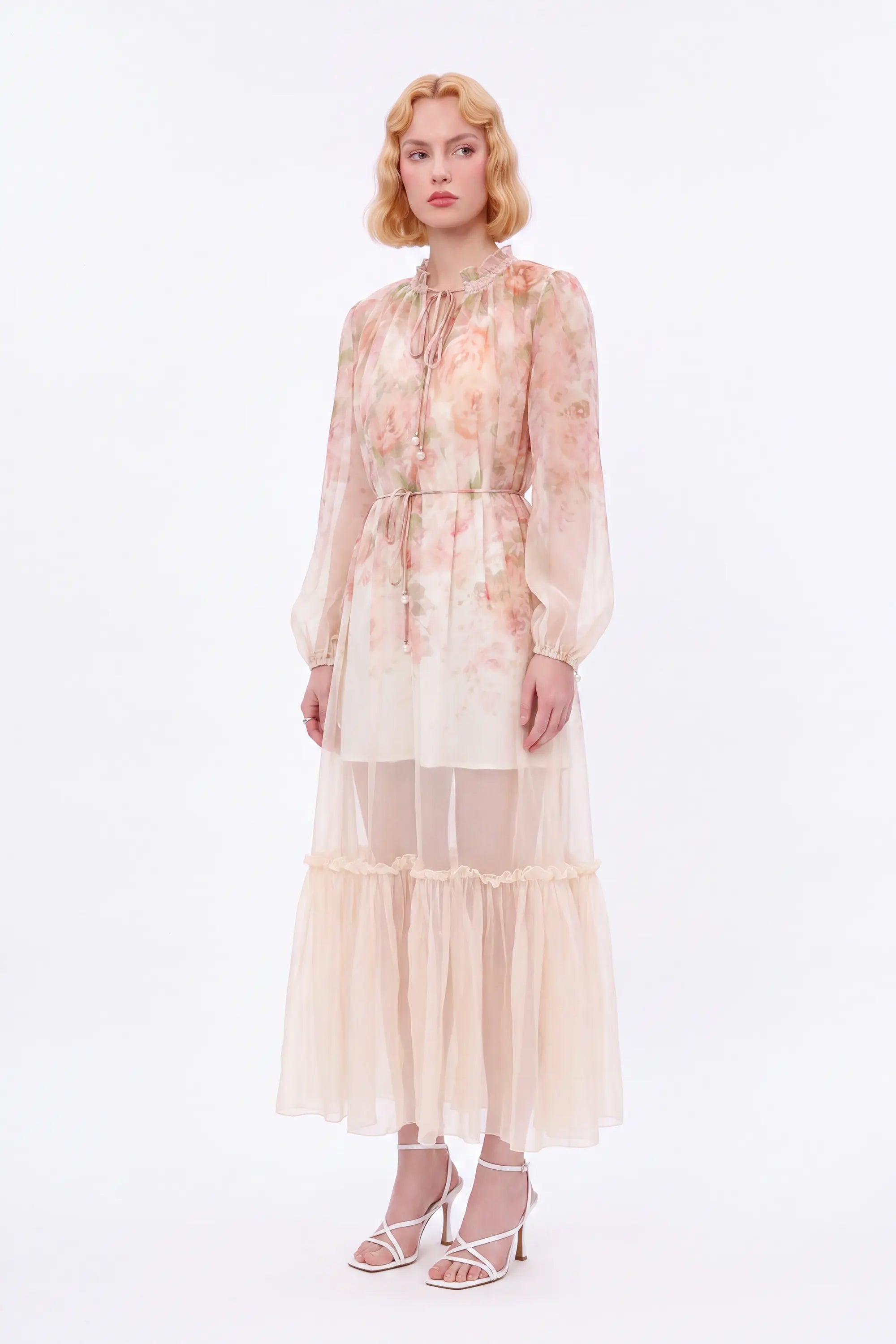Pastel Floral Print Sheer Maxi Dress with Tie Neck — Model White Background View 3
