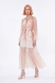 Pastel Floral Print Sheer Maxi Dress with Tie Neck — Model White Background View 4