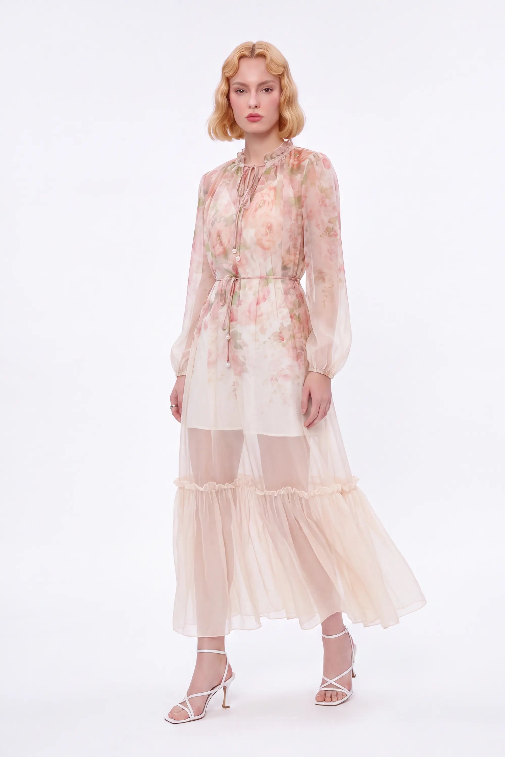 Pastel Floral Print Sheer Maxi Dress with Tie Neck — Model White Background View 4