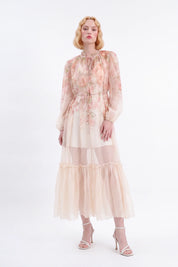 Pastel Floral Print Sheer Maxi Dress with Tie Neck — Model White Background View 5