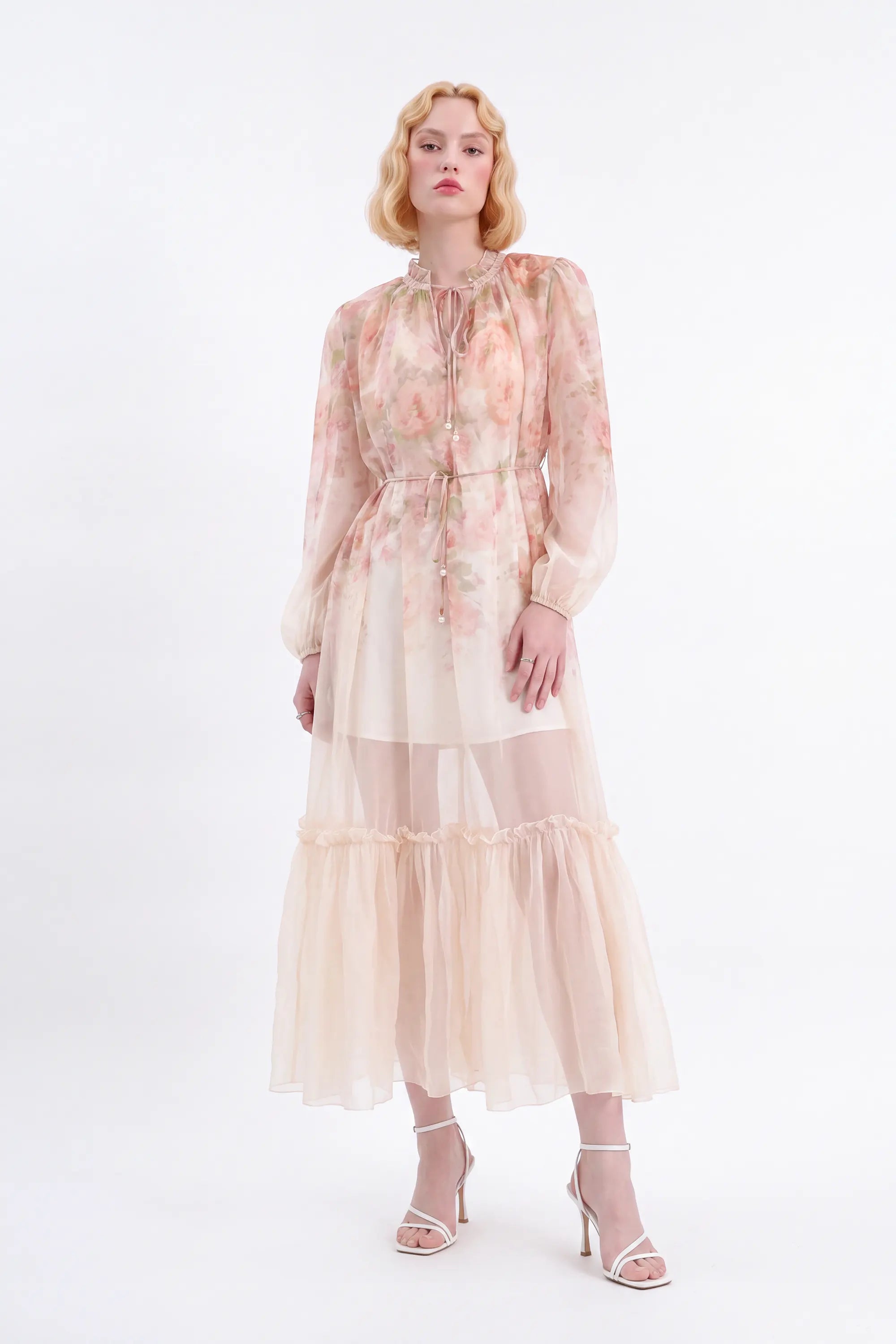 Pastel Floral Print Sheer Maxi Dress with Tie Neck — Model White Background View 5