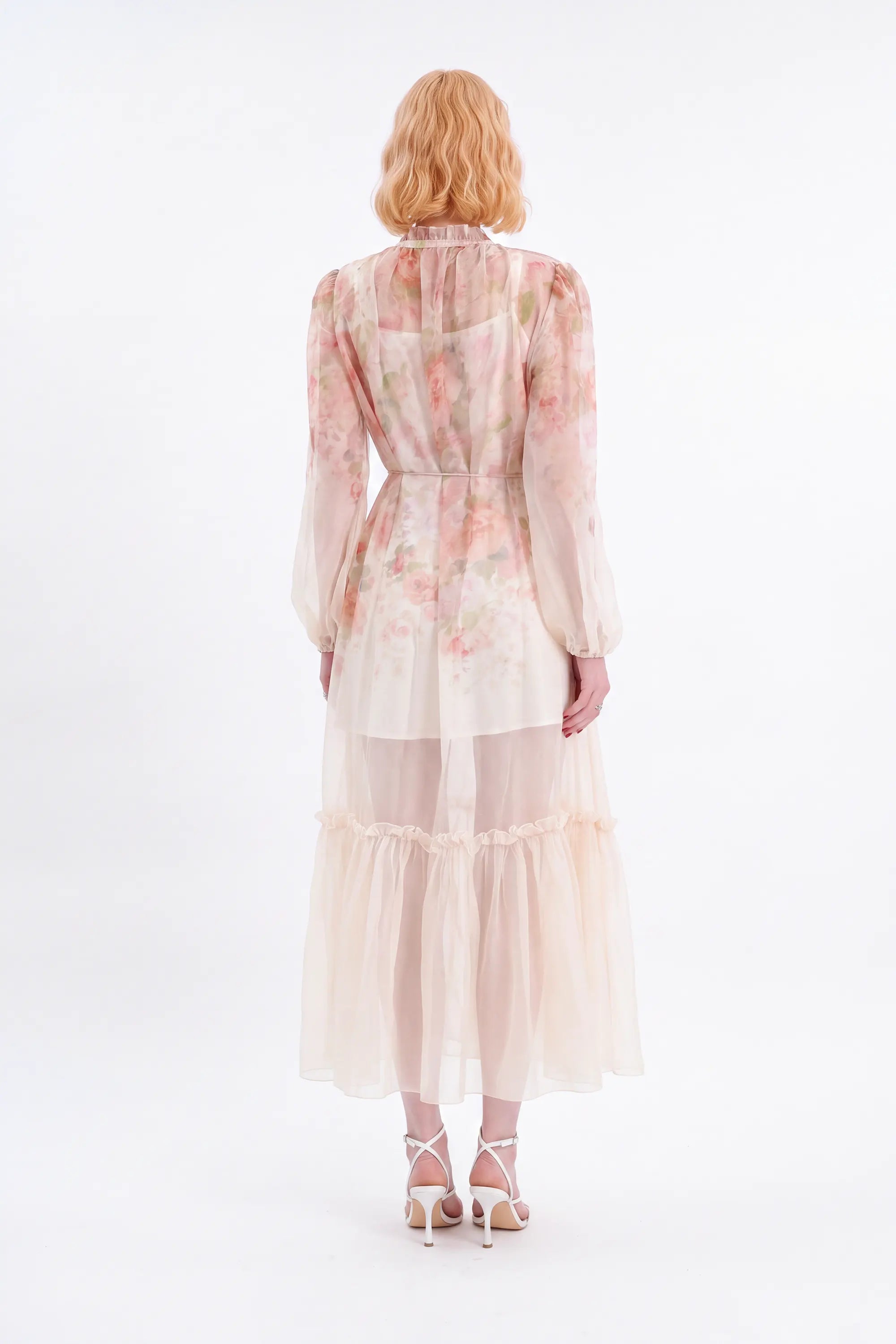 Pastel Floral Print Sheer Maxi Dress with Tie Neck — Model White Background View 6