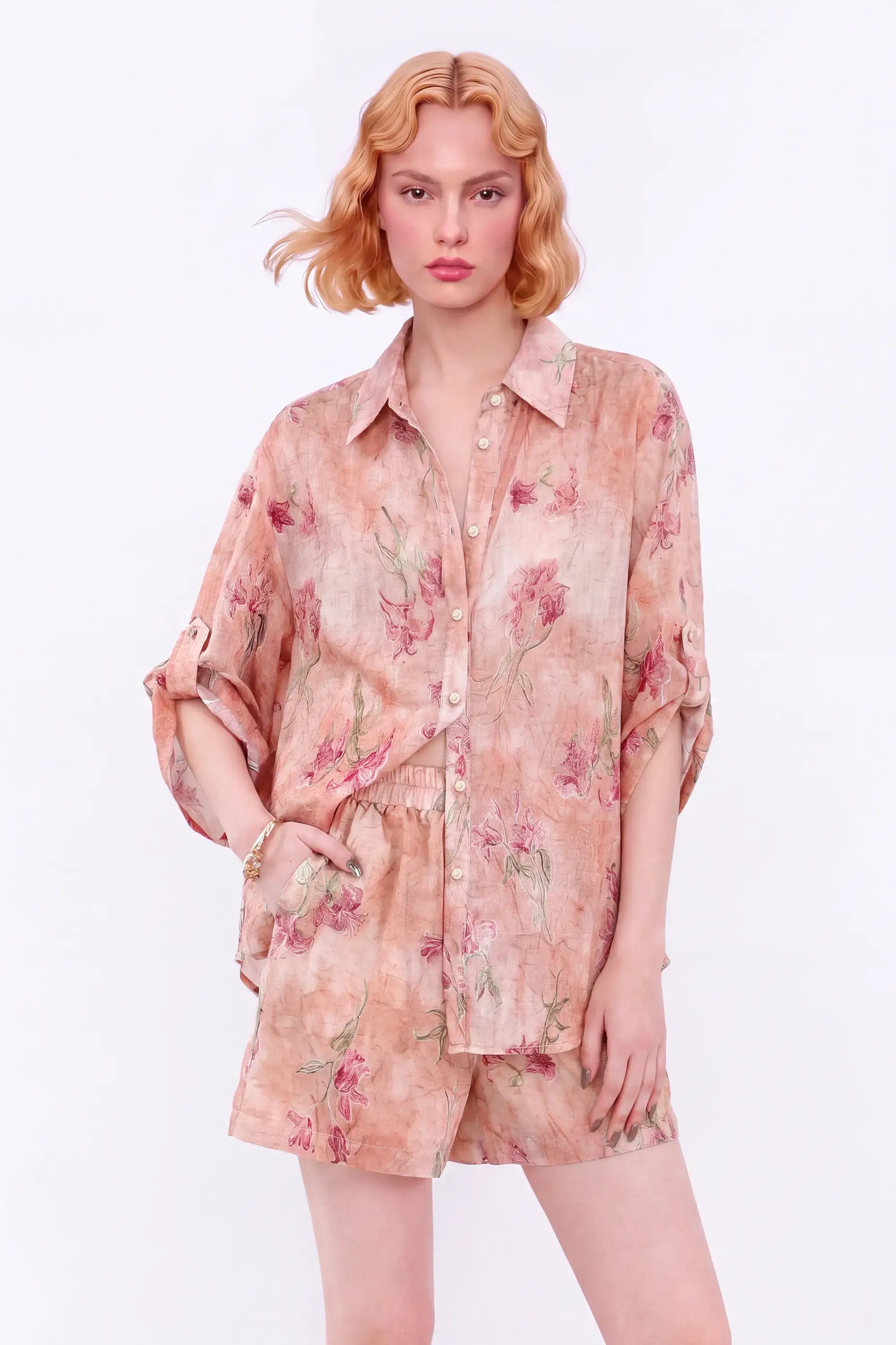 Pink Floral Print Roll-Tab Sleeve Shirt — model front view 1