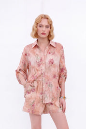 Pink Floral Print Roll-Tab Sleeve Shirt — model front view 2