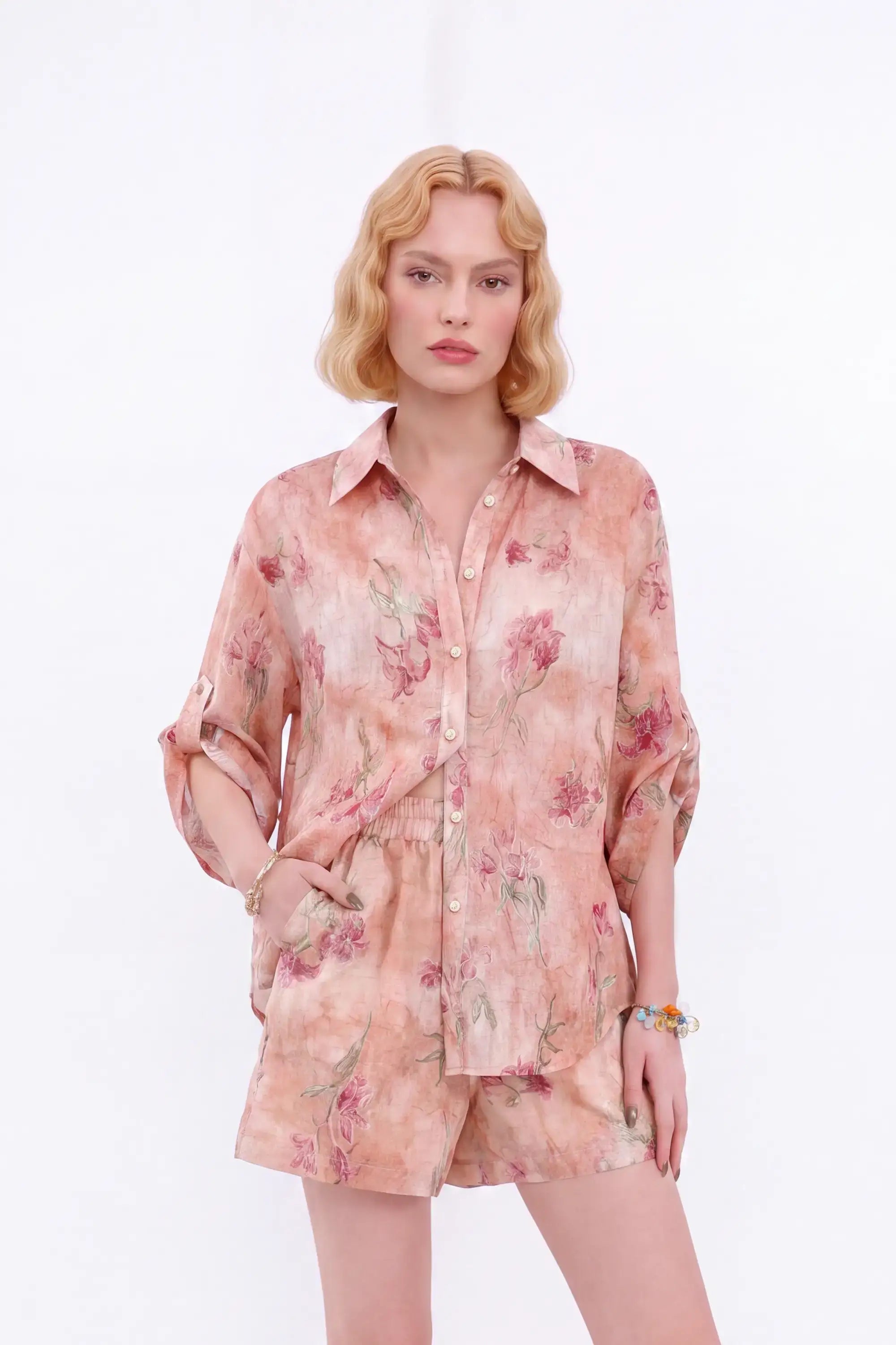 Pink Floral Print Roll-Tab Sleeve Shirt — model front view 2