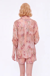 Pink Floral Print Roll-Tab Sleeve Shirt — model front view 4