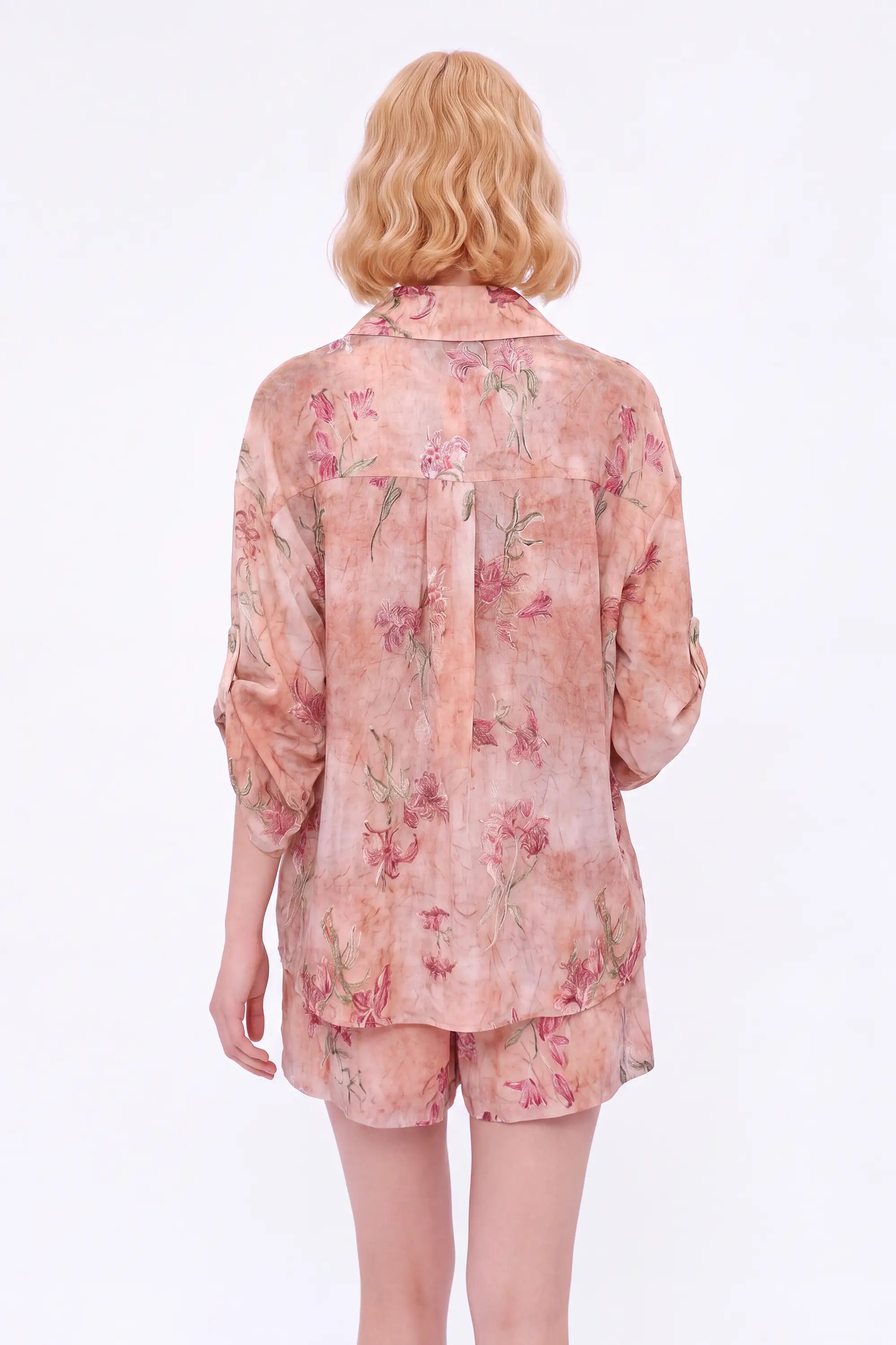 Pink Floral Print Roll-Tab Sleeve Shirt — model front view 4