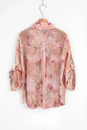 Pink Floral Print Roll-Tab Sleeve Shirt — product-only view 2