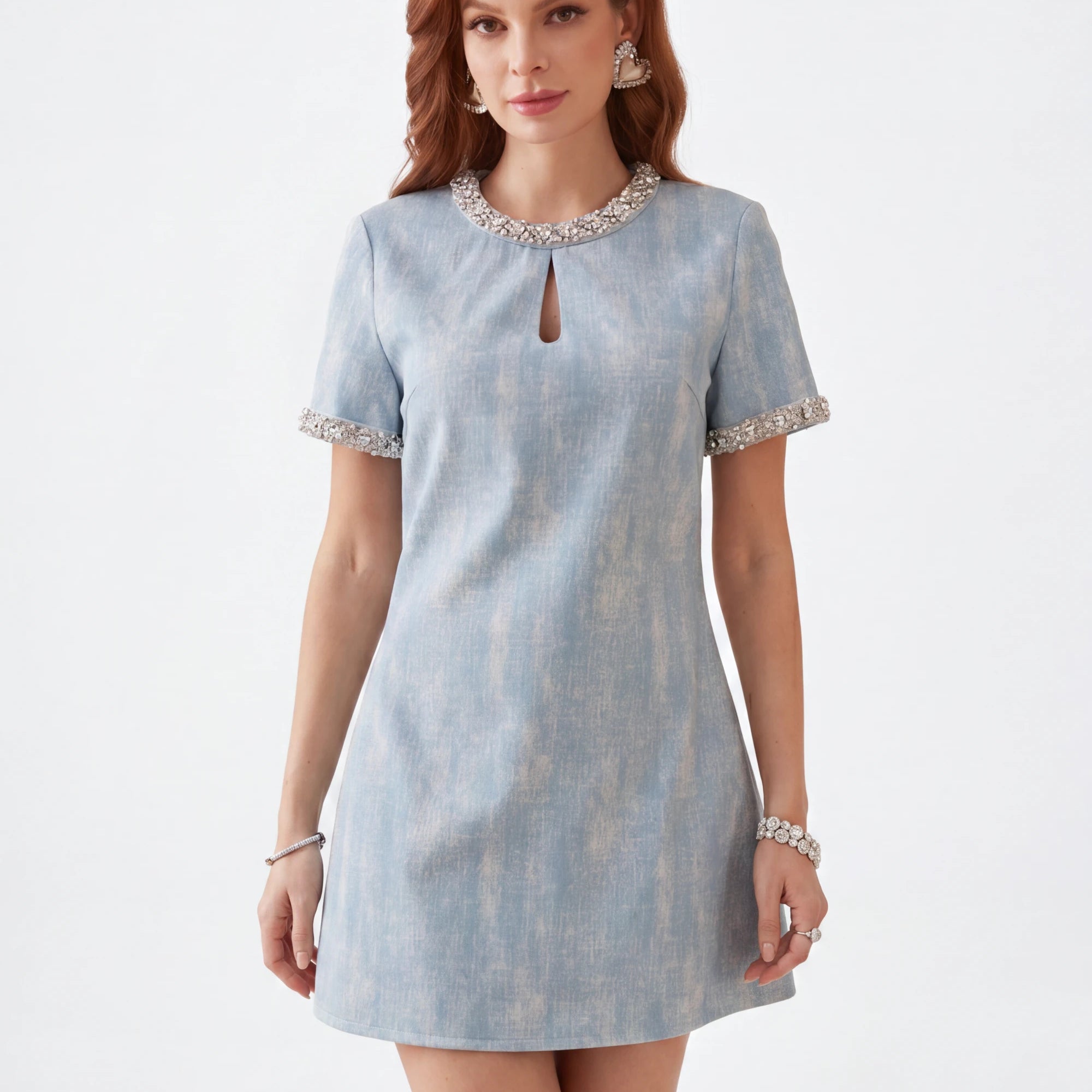 Elppis Polyester Dress, white-background full-length front view on model — SKU 1J6K09631BN