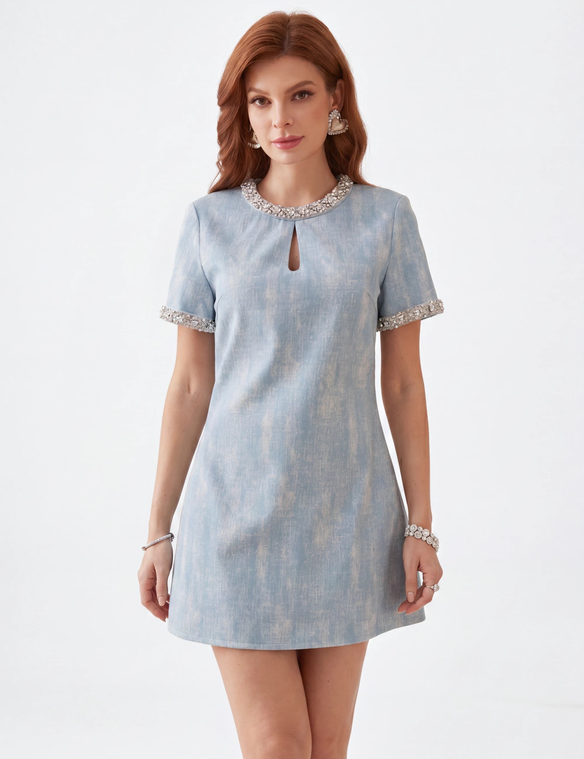 Elppis Polyester Dress, white-background full-length front view on model — SKU 1J6K09631BN