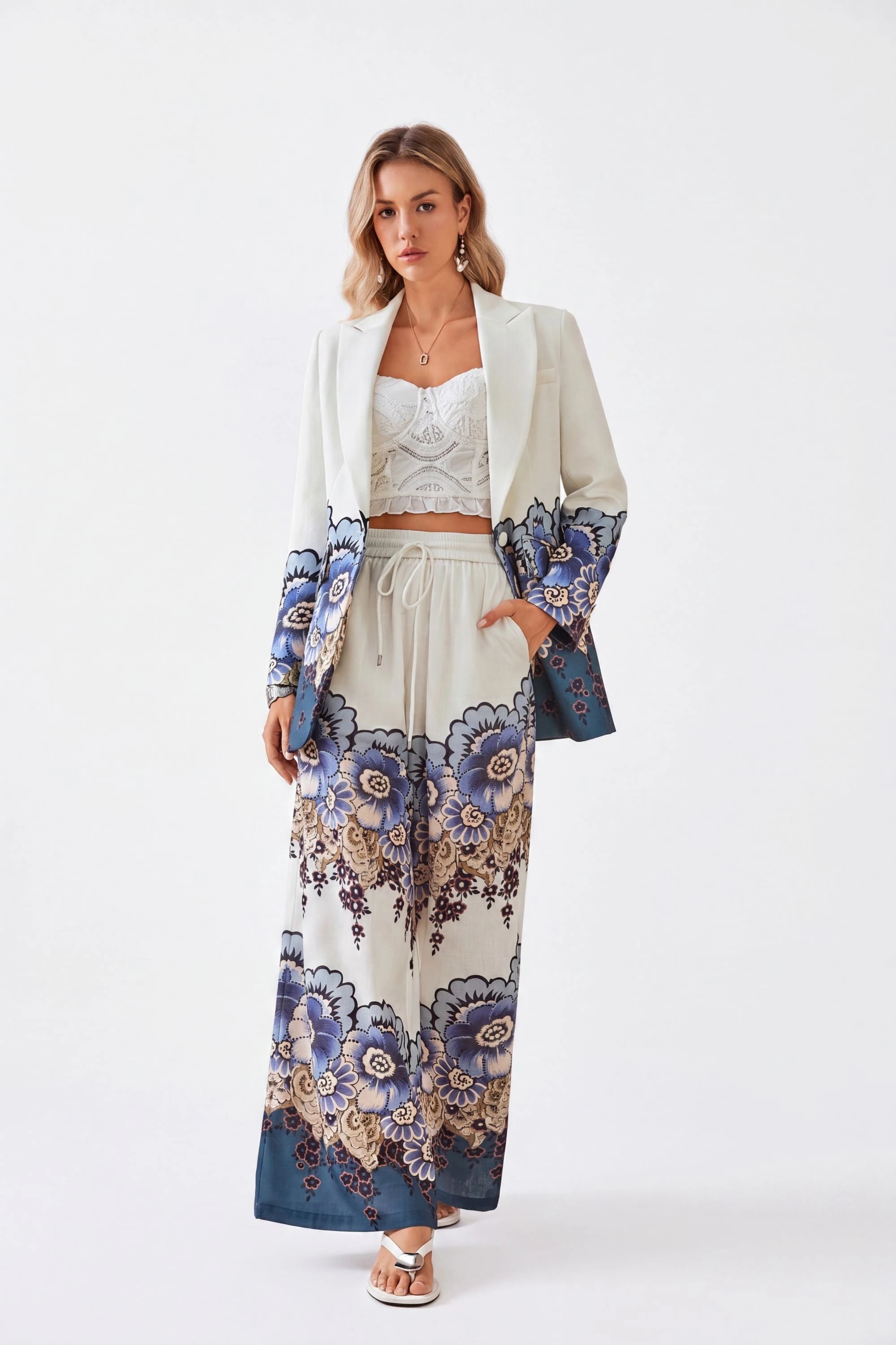 Elppis Polyester Top, white-background full-length front view on model — SKU 1J6W10566BO