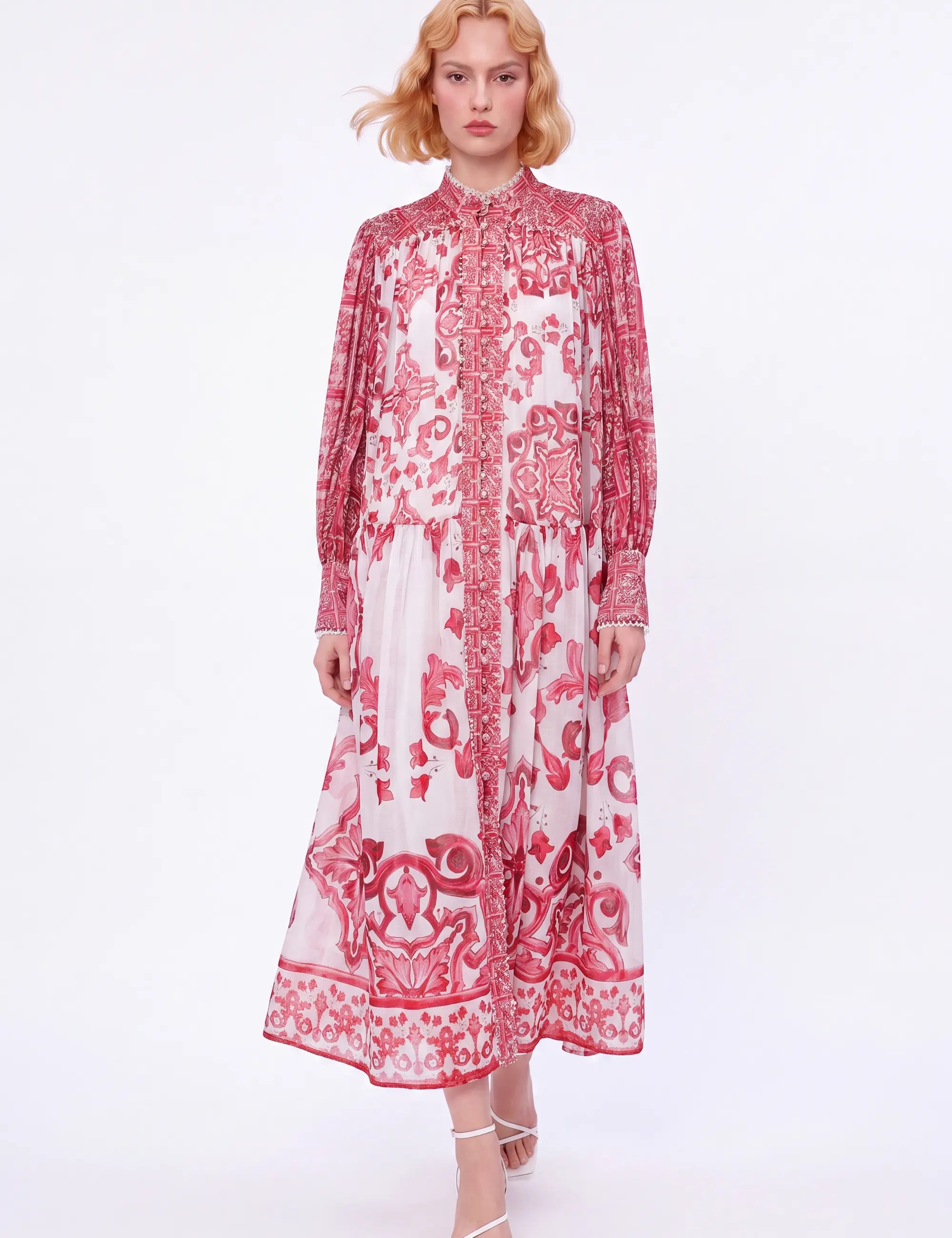 Red and White Patterned High-Neck Long-Sleeve Maxi Dress — Model White Background Front