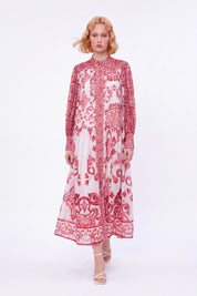 Red and White Patterned High-Neck Long-Sleeve Maxi Dress — Model White Background Front