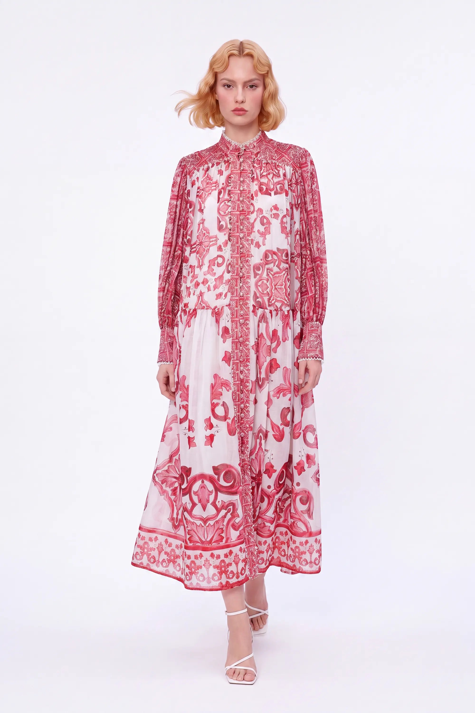 Red and White Patterned High-Neck Long-Sleeve Maxi Dress — Model White Background Front