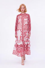 Red and White Patterned High-Neck Long-Sleeve Maxi Dress