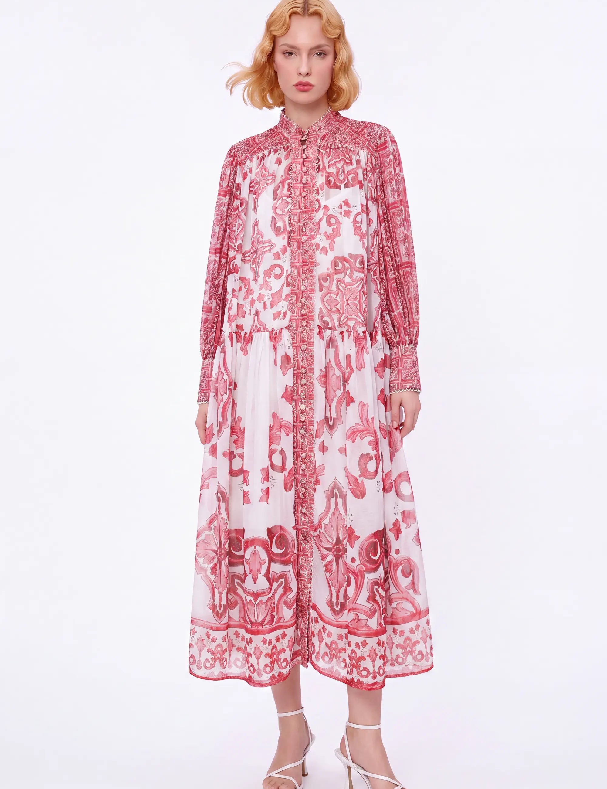 Red and White Patterned High-Neck Long-Sleeve Maxi Dress — Model White Background View 2