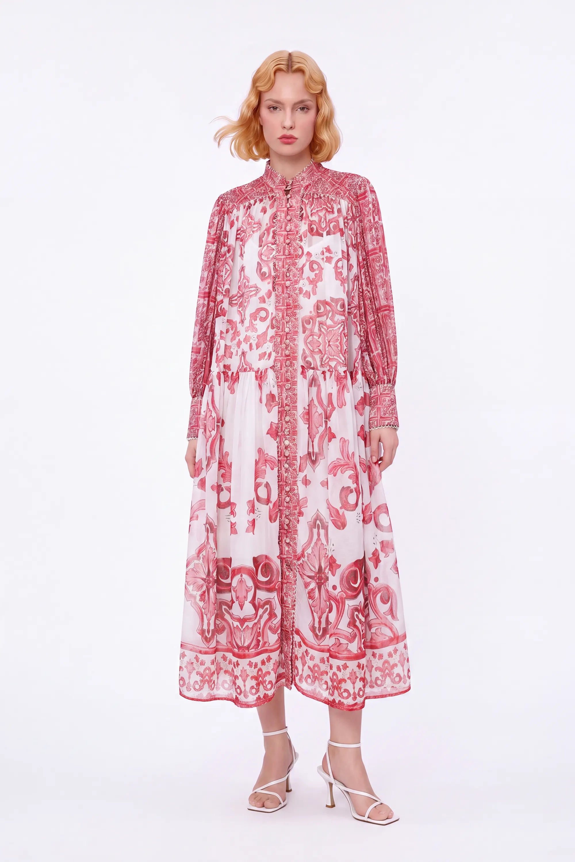 Red and White Patterned High-Neck Long-Sleeve Maxi Dress — Model White Background View 2