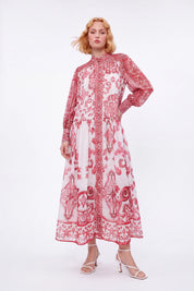 Red and White Patterned High-Neck Long-Sleeve Maxi Dress — Model White Background View 3