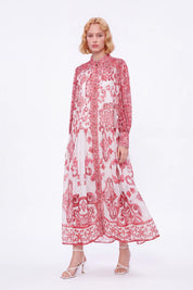 Red and White Patterned High-Neck Long-Sleeve Maxi Dress — Model White Background View 4