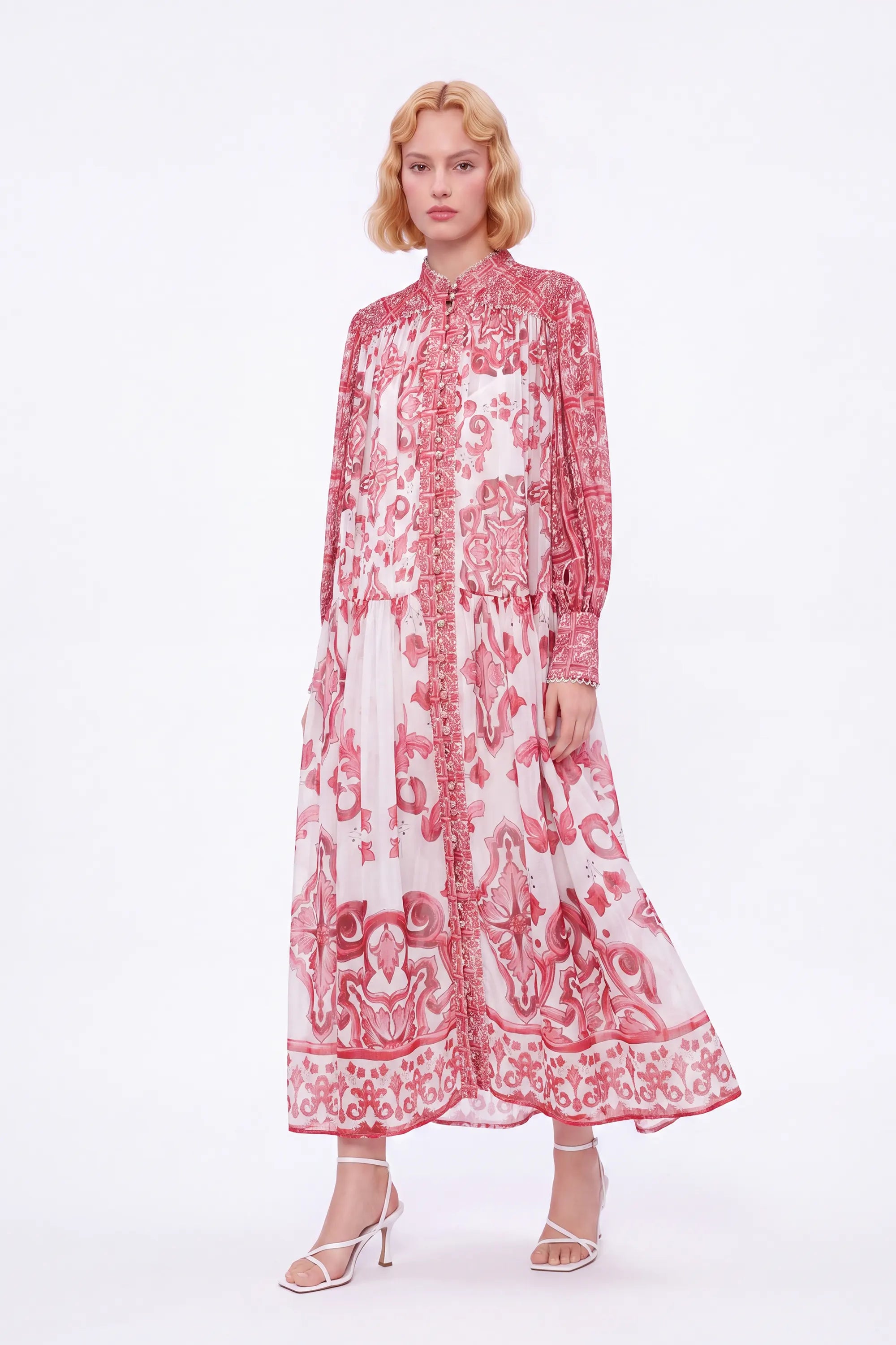 Red and White Patterned High-Neck Long-Sleeve Maxi Dress — Model White Background View 4