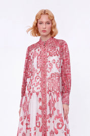 Red and White Patterned High-Neck Long-Sleeve Maxi Dress — Model White Background View 5