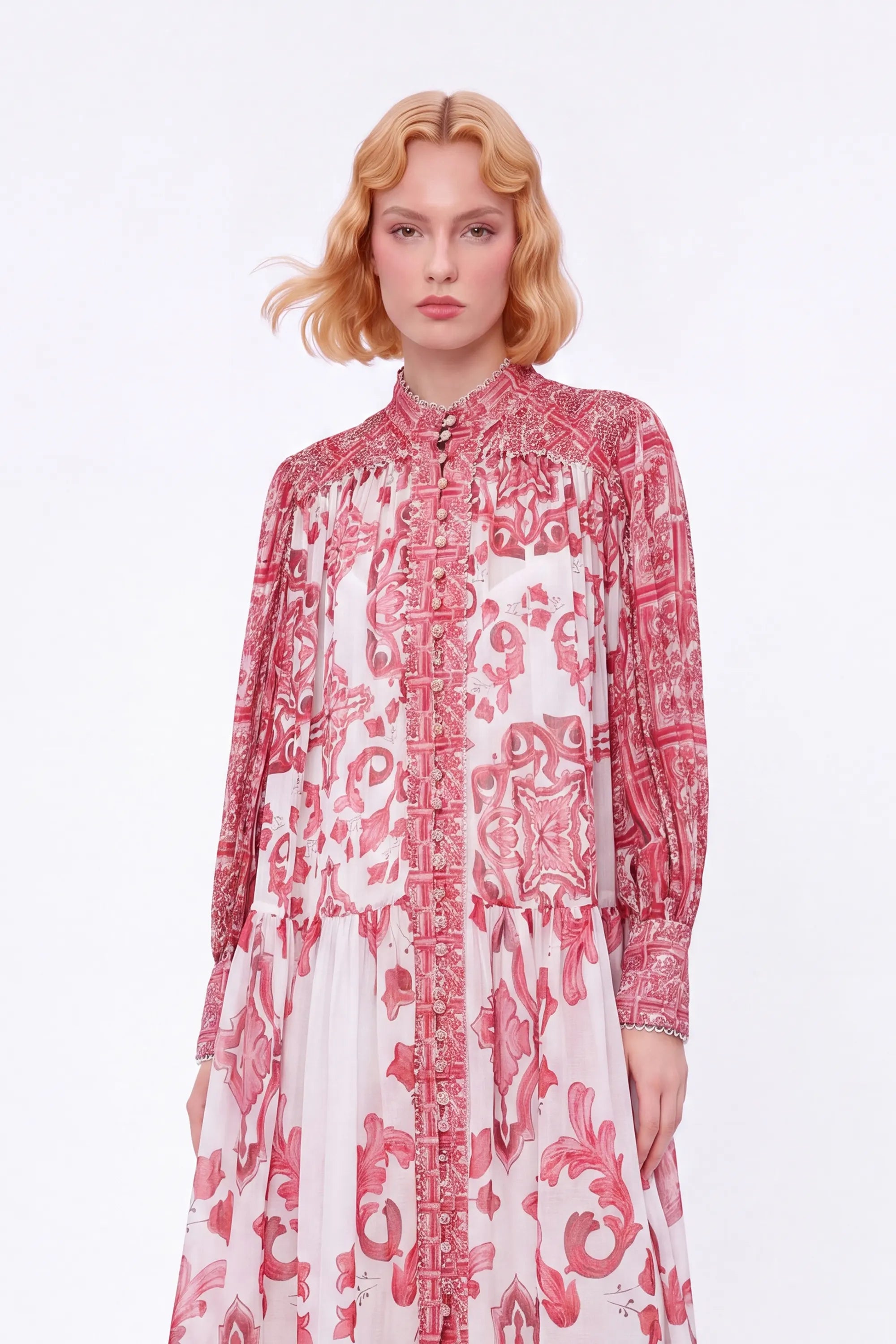 Red and White Patterned High-Neck Long-Sleeve Maxi Dress — Model White Background View 5