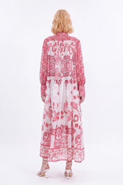 Red and White Patterned High-Neck Long-Sleeve Maxi Dress — Model White Background View 6
