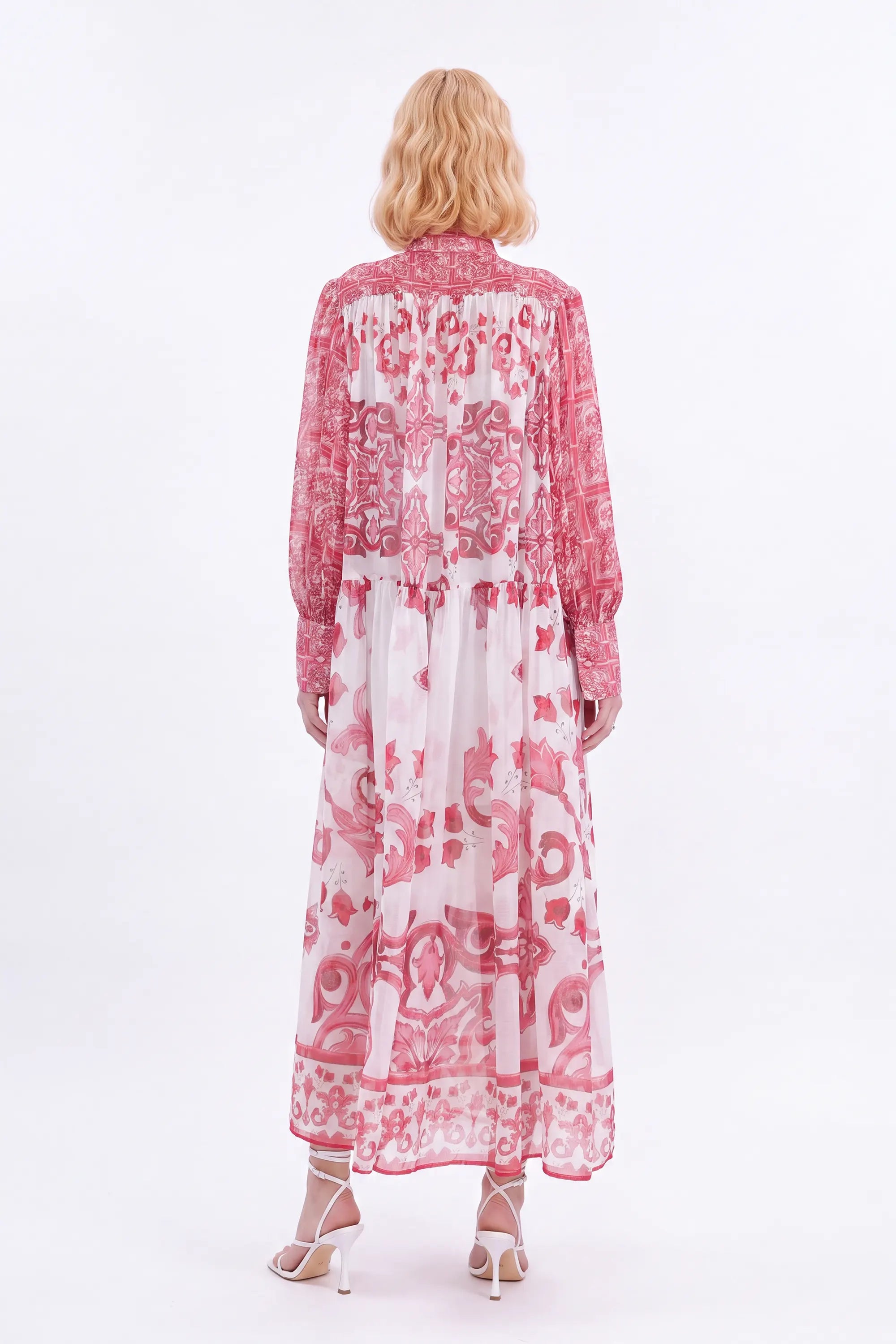 Red and White Patterned High-Neck Long-Sleeve Maxi Dress — Model White Background View 6