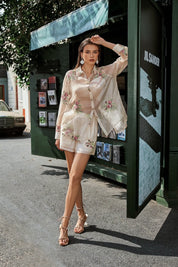 Elppis Sheer Pink Floral Embroidered Collared Long Sleeves Blouse, editorial styling view on model — SKU JD4F5614BG