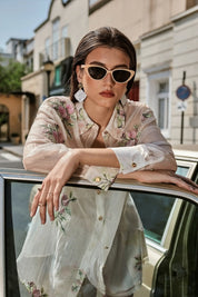 Elppis Sheer Pink Floral Embroidered Collared Long Sleeves Blouse, editorial styling view on model — SKU JD4F5614BG