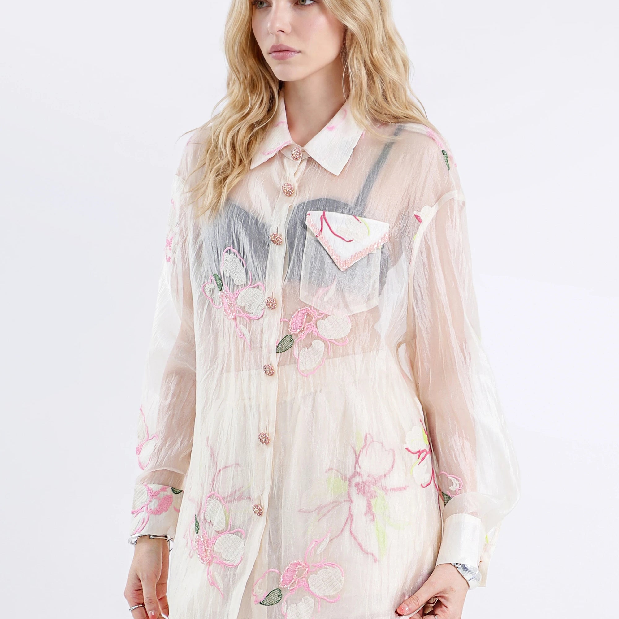 Elppis Sheer Pink Floral Embroidered Collared Long Sleeves Blouse, white-background view on model — SKU JD4F5614BG