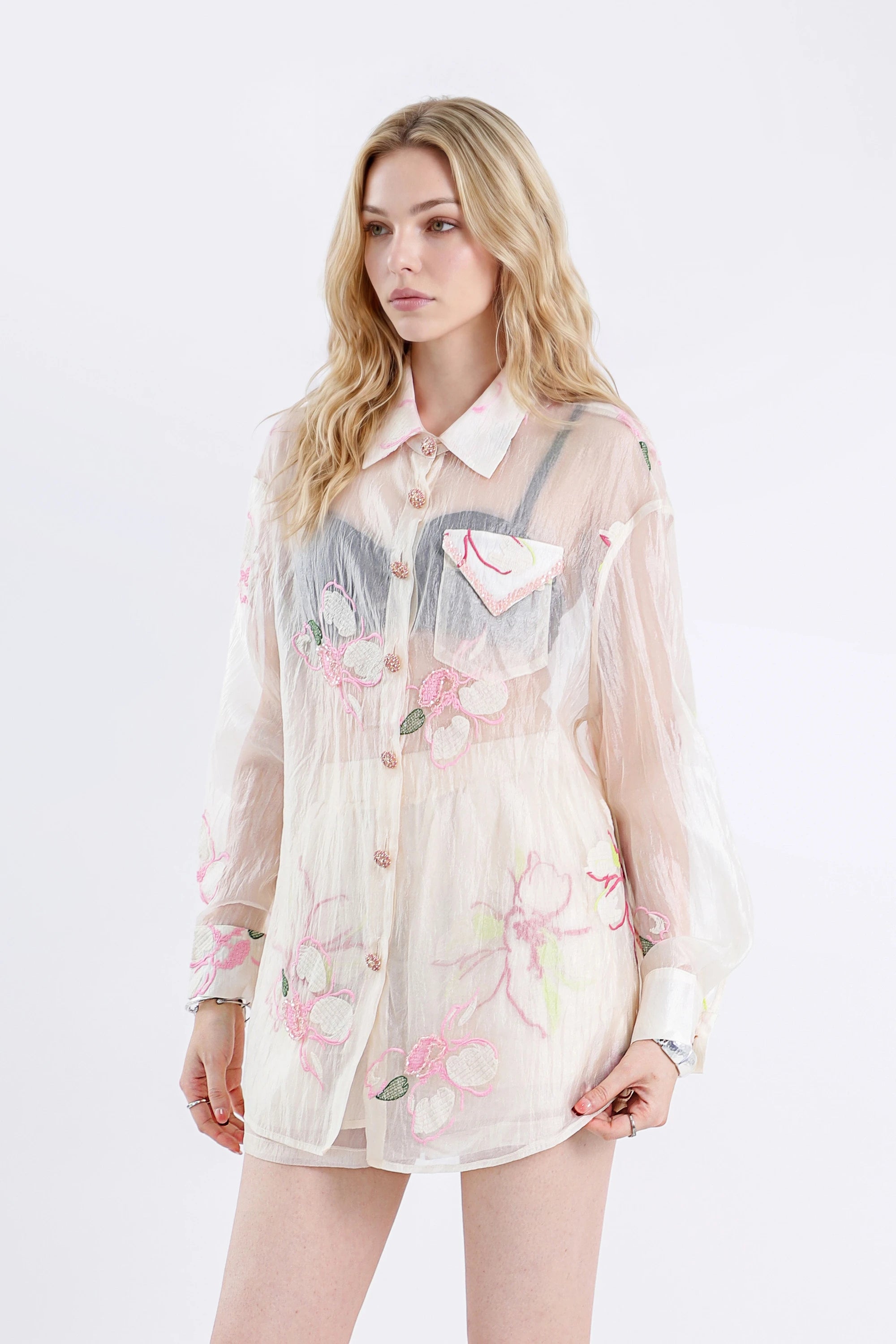 Elppis Sheer Pink Floral Embroidered Collared Long Sleeves Blouse, white-background view on model — SKU JD4F5614BG