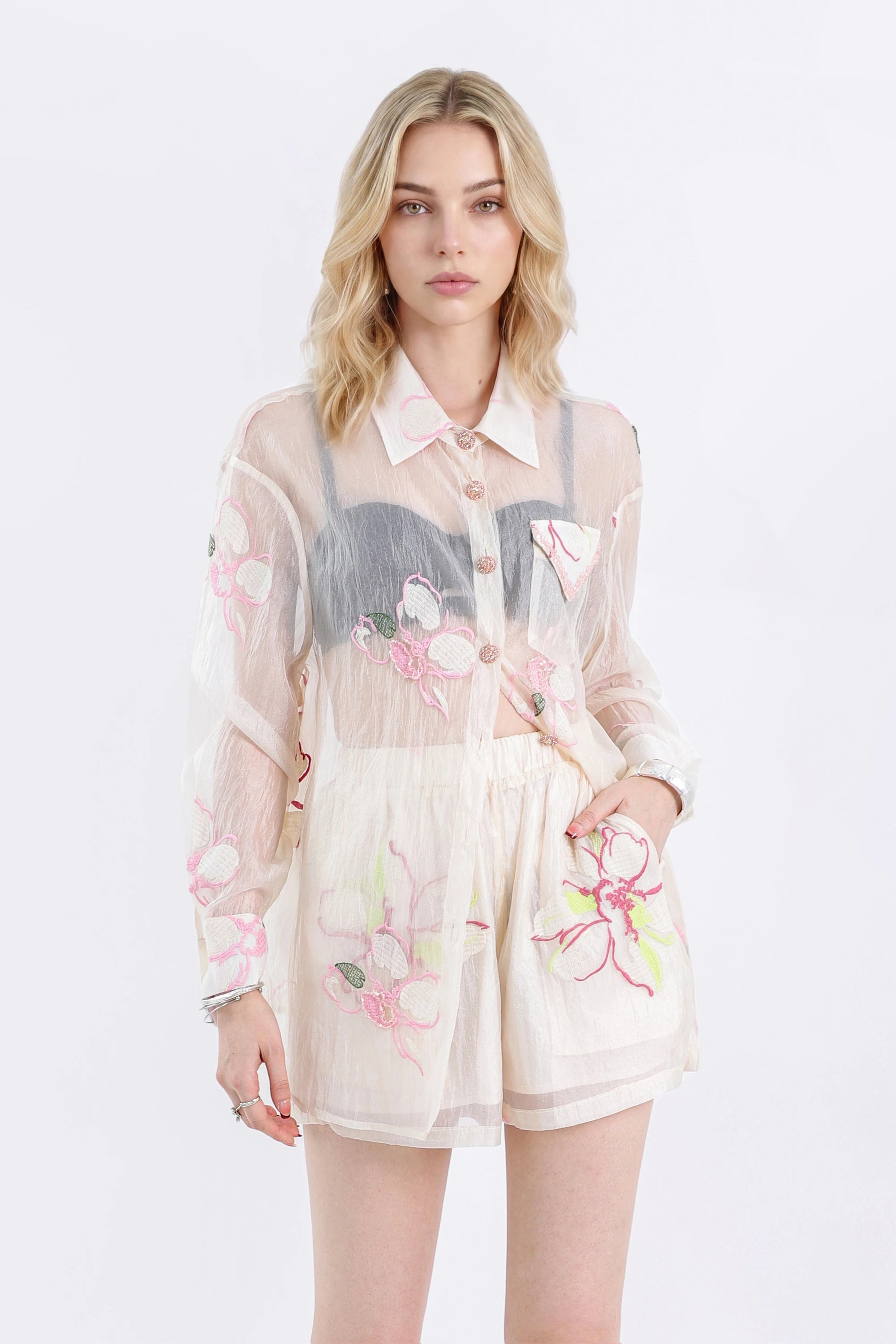 Elppis Sheer Pink Floral Embroidered Collared Long Sleeves Blouse, white-background view on model — SKU JD4F5614BG