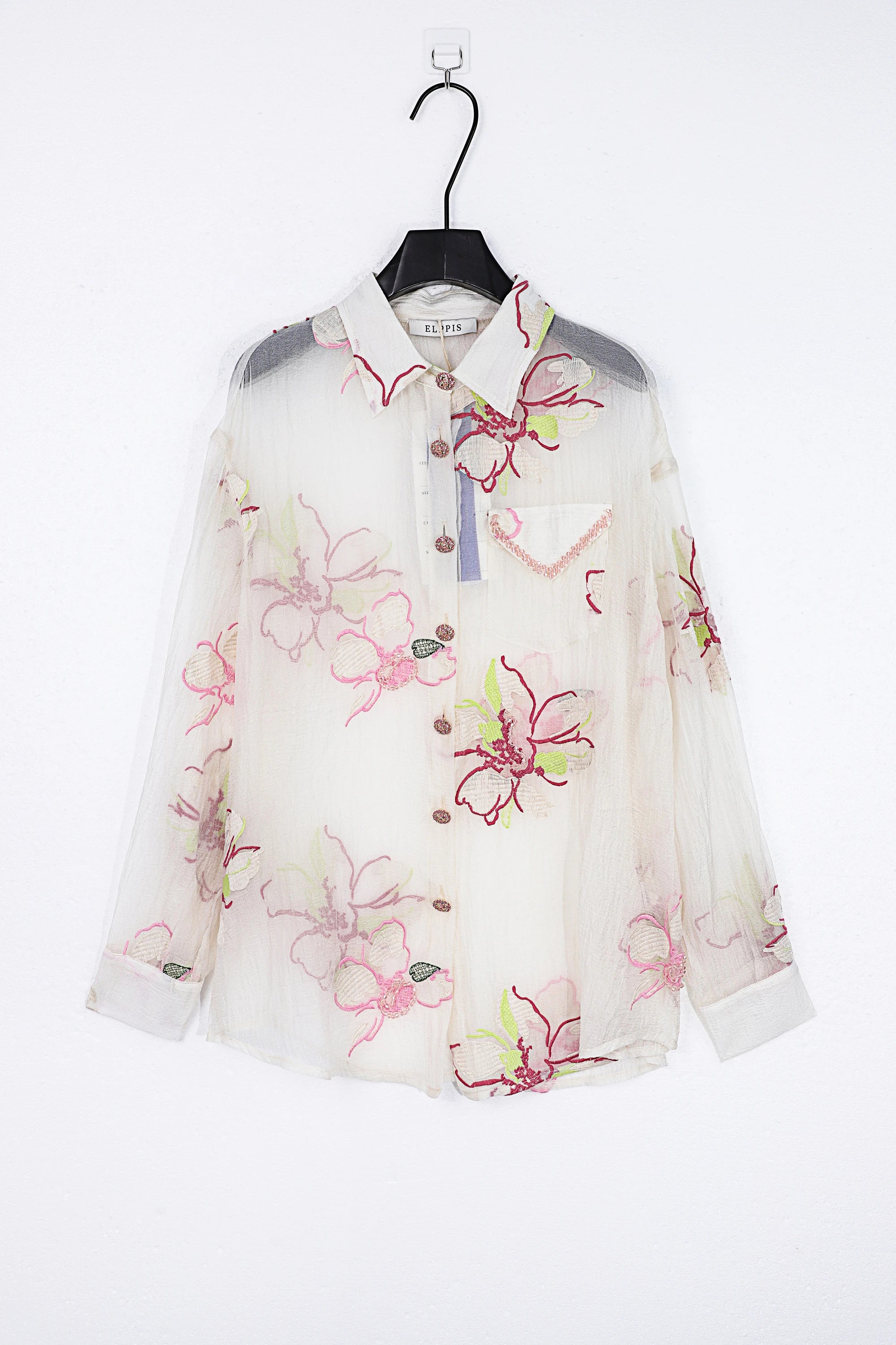 Elppis Sheer Pink Floral Embroidered Collared Long Sleeves Blouse, product packshot on white background — SKU JD4F5614BG