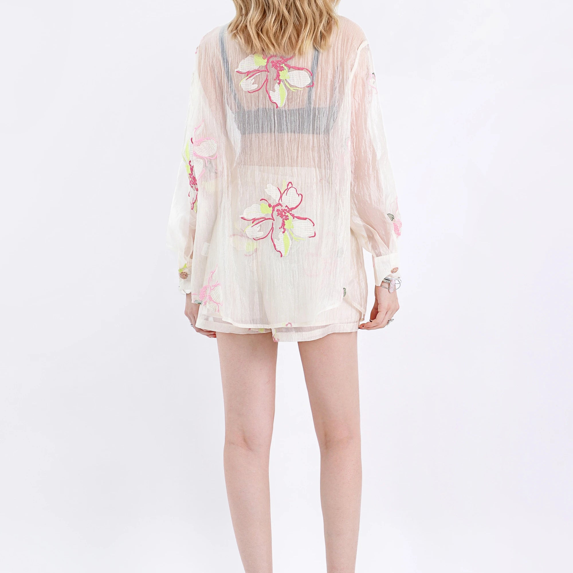 Elppis Sheer Pink Floral Embroidered Elastic Waist Shorts, white-background back or alternate view on model — SKU JD4G5615BG
